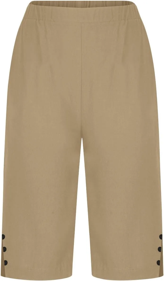 YRAETENM Linen Shorts for Women Casual High Waist Knee Length Bermuda Shorts Summer Lightweight Beach Pants with Side Buttons