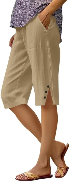 YRAETENM Linen Shorts for Women Casual High Waist Knee Length Bermuda Shorts Summer Lightweight Beach Pants with Side Buttons